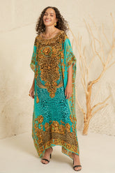 AQUA LEOPARDESS ROUND NECK LONG KAFTAN - Czarina