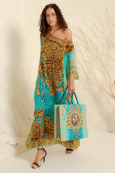 AQUA LEOPARDESS ROUND NECK LONG KAFTAN - Czarina