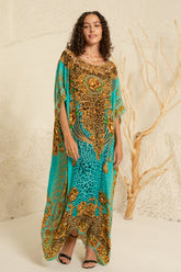 AQUA LEOPARDESS ROUND NECK LONG KAFTAN - Czarina