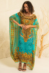 AQUA LEOPARDESS ROUND NECK LONG KAFTAN - Czarina