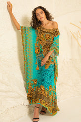 AQUA LEOPARDESS ROUND NECK LONG KAFTAN - Czarina