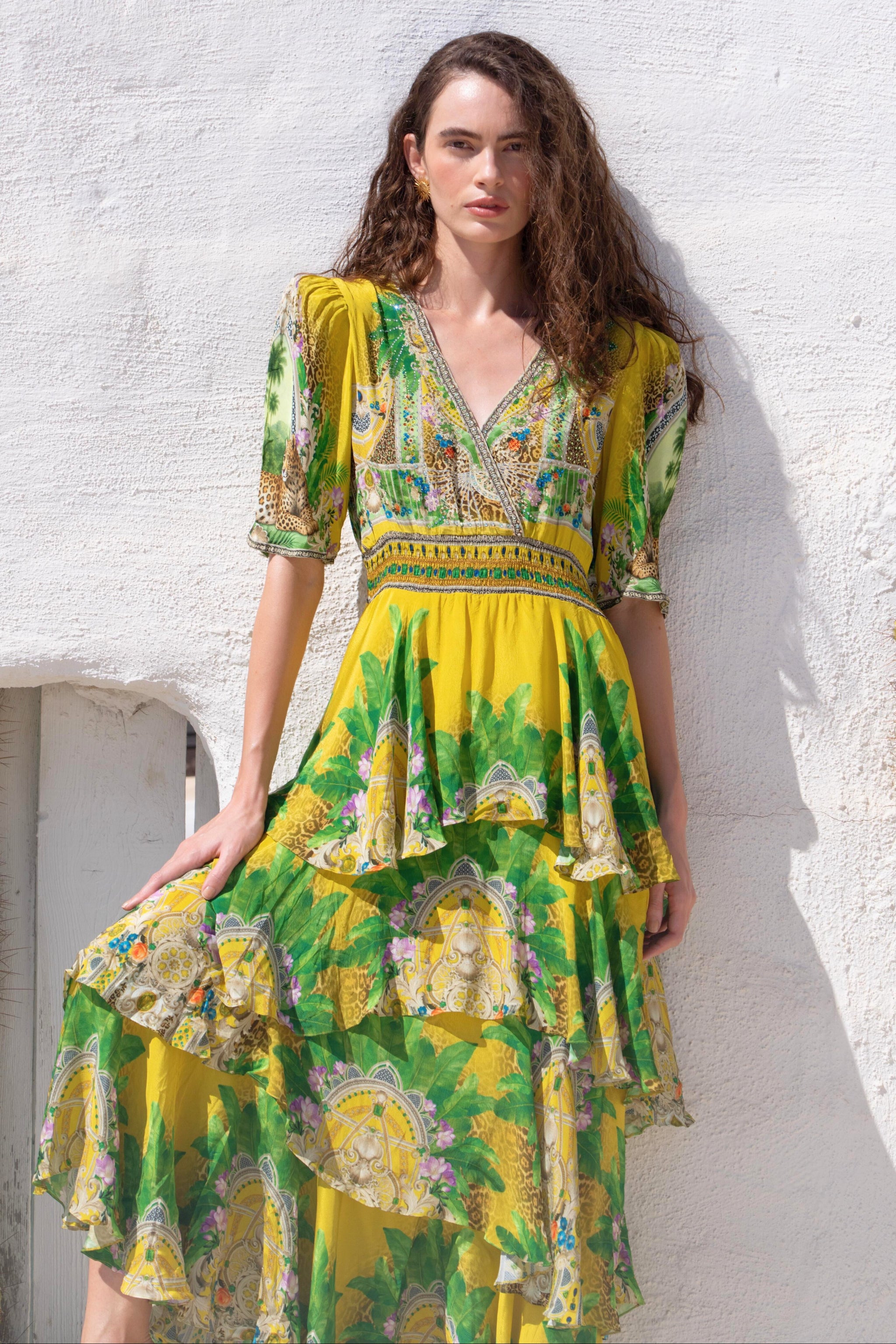 GOLDEN PALMS CROSS OVER MAXI DRESS
