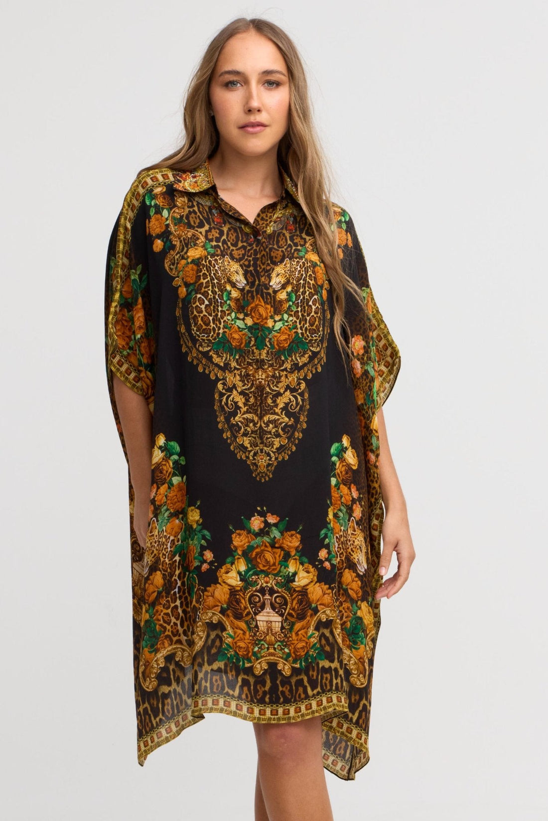 Black Leopardess Midi Collar Kaftan - Czarina