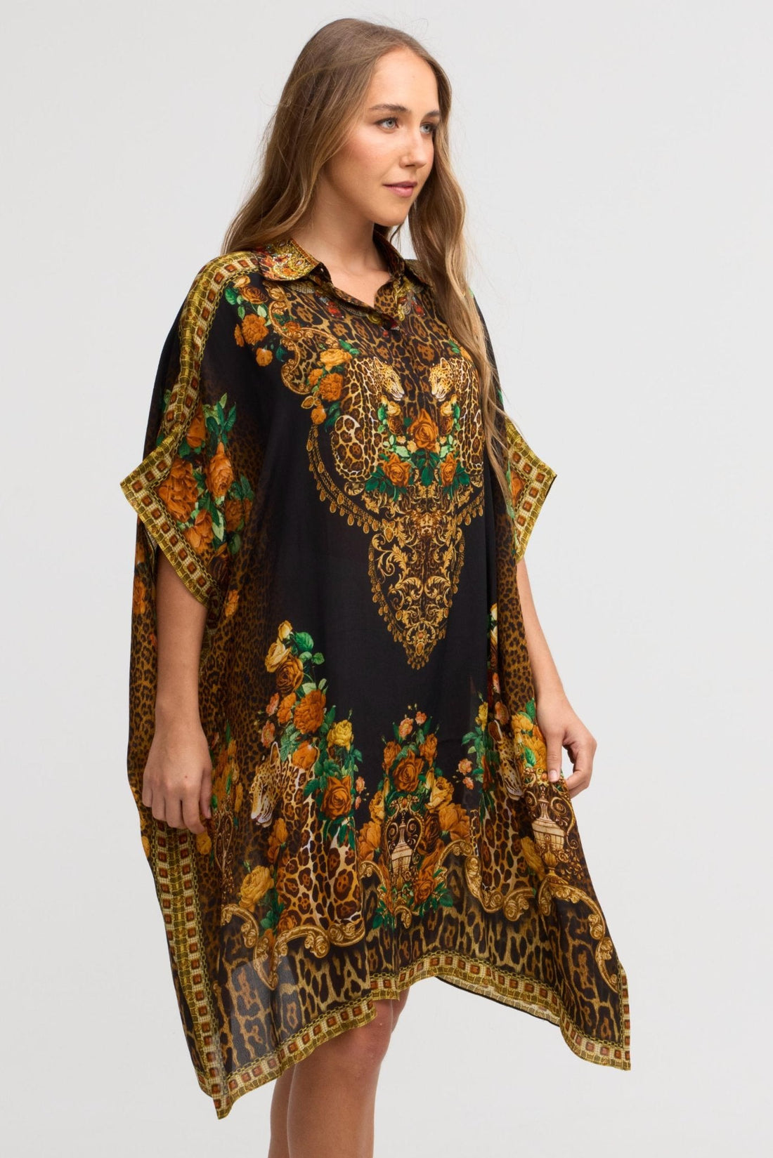 Black Leopardess Midi Collar Kaftan - Czarina
