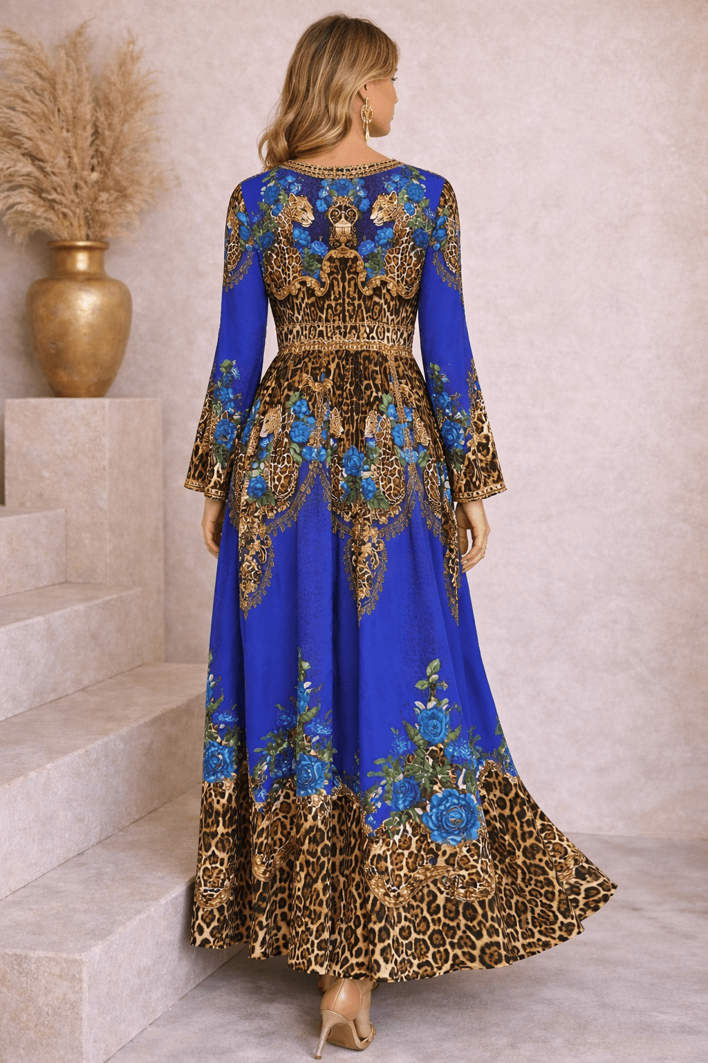 BLUE LEOPARDESS MAXI DRESS W FLARE SLEEVES - Czarina