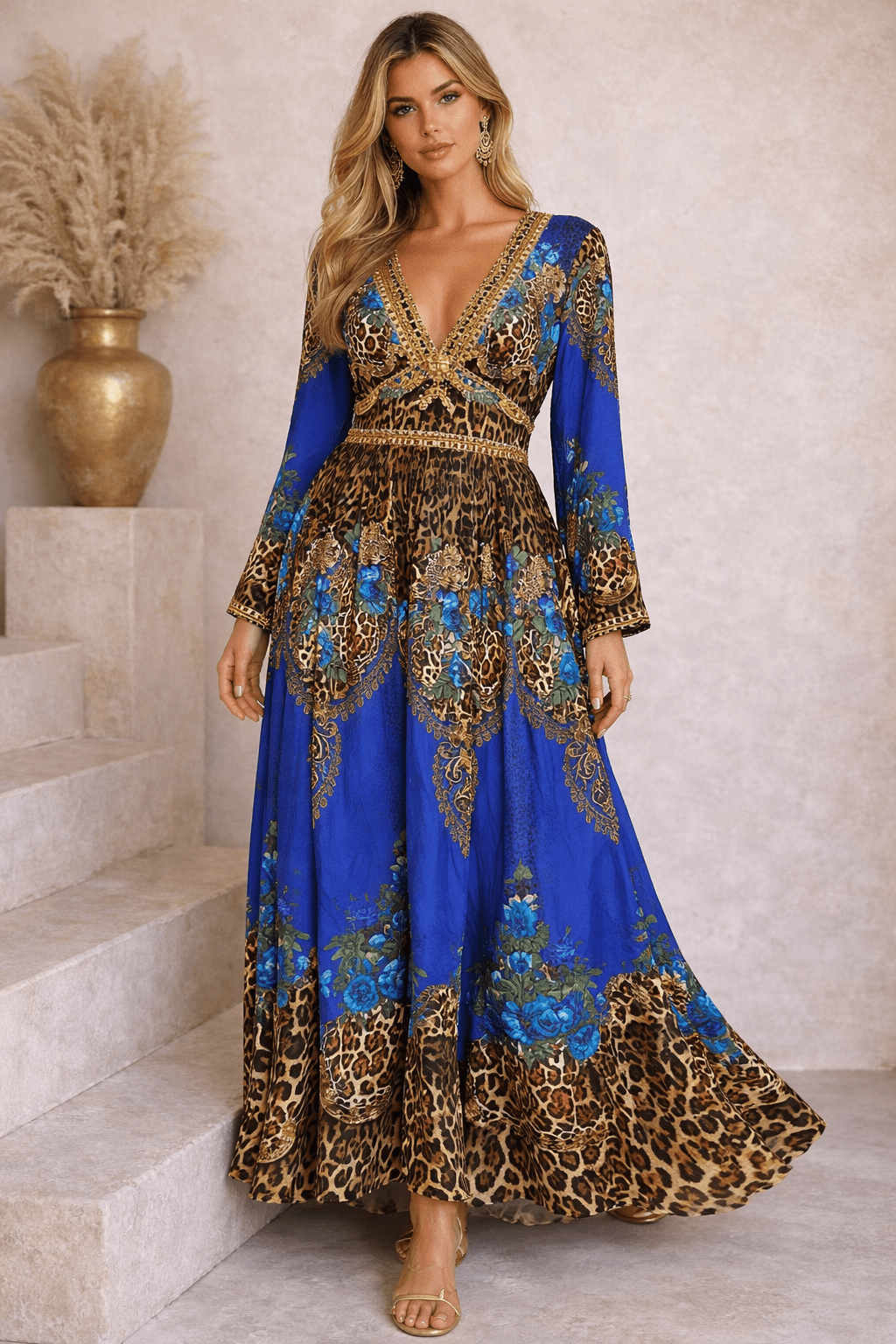 BLUE LEOPARDESS MAXI DRESS W FLARE SLEEVES - Czarina