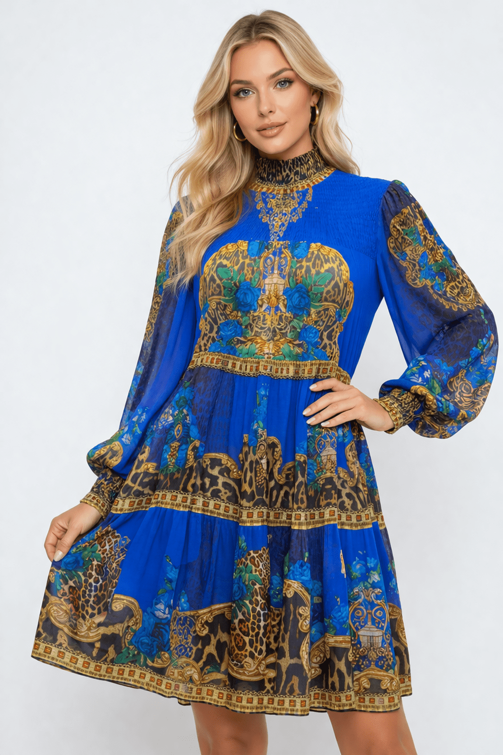 BLUE LEOPARDESS SMOCKING SHORT DRESS - Czarina