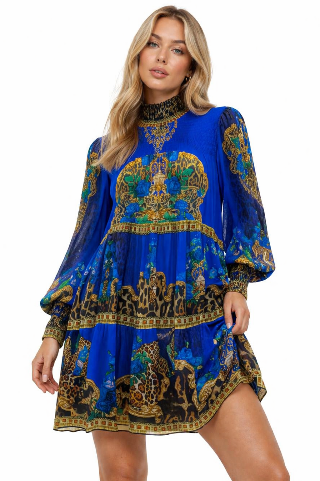 BLUE LEOPARDESS SMOCKING SHORT DRESS - Czarina