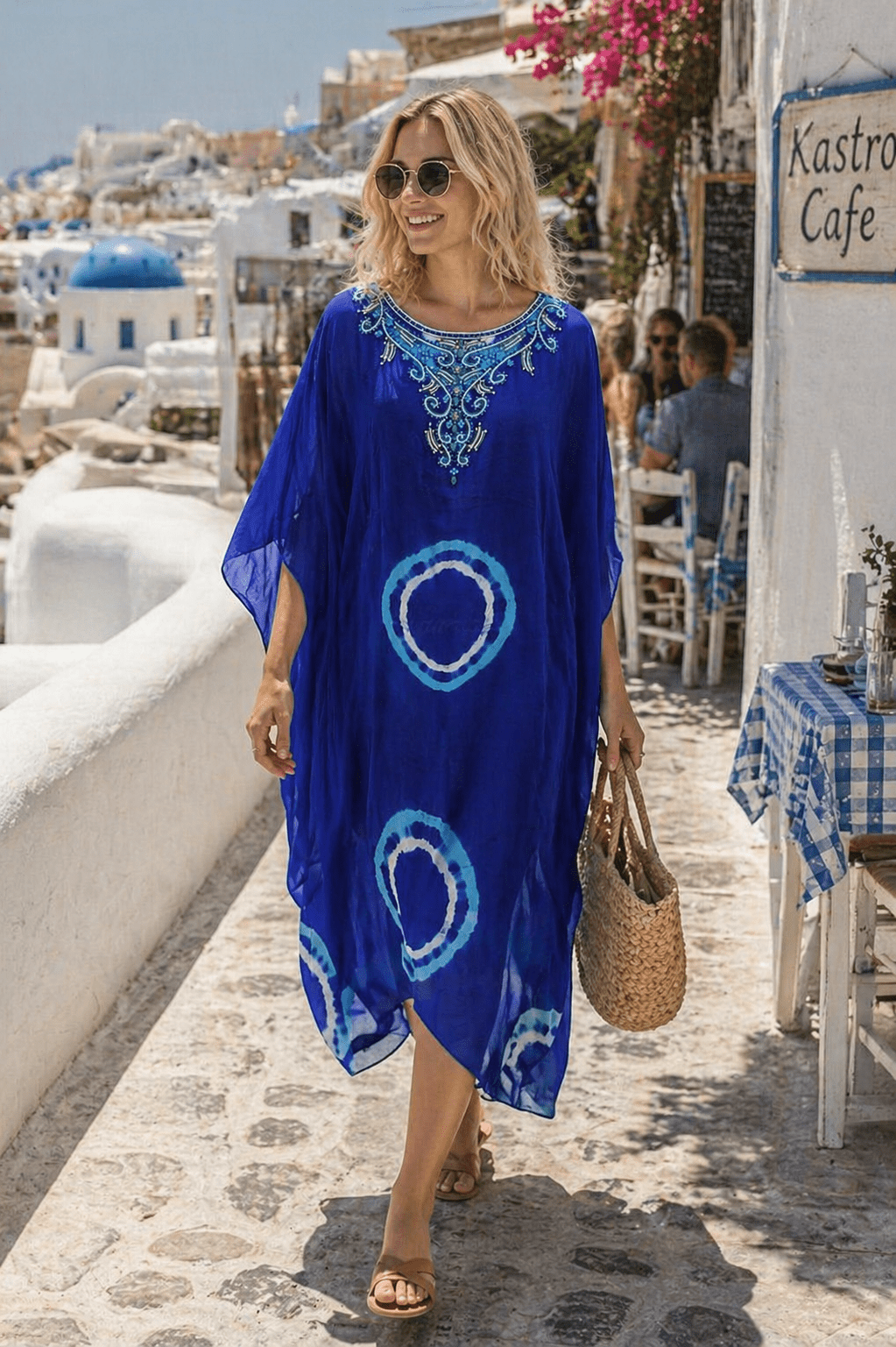BLUE MANDALA 100% SILK MIDI KAFTAN - Czarina
