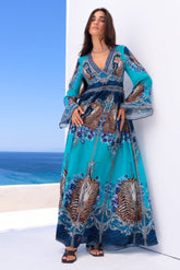 BLUE TIGRESS MAXI DRESS W FLARE SLEEVES - Czarina