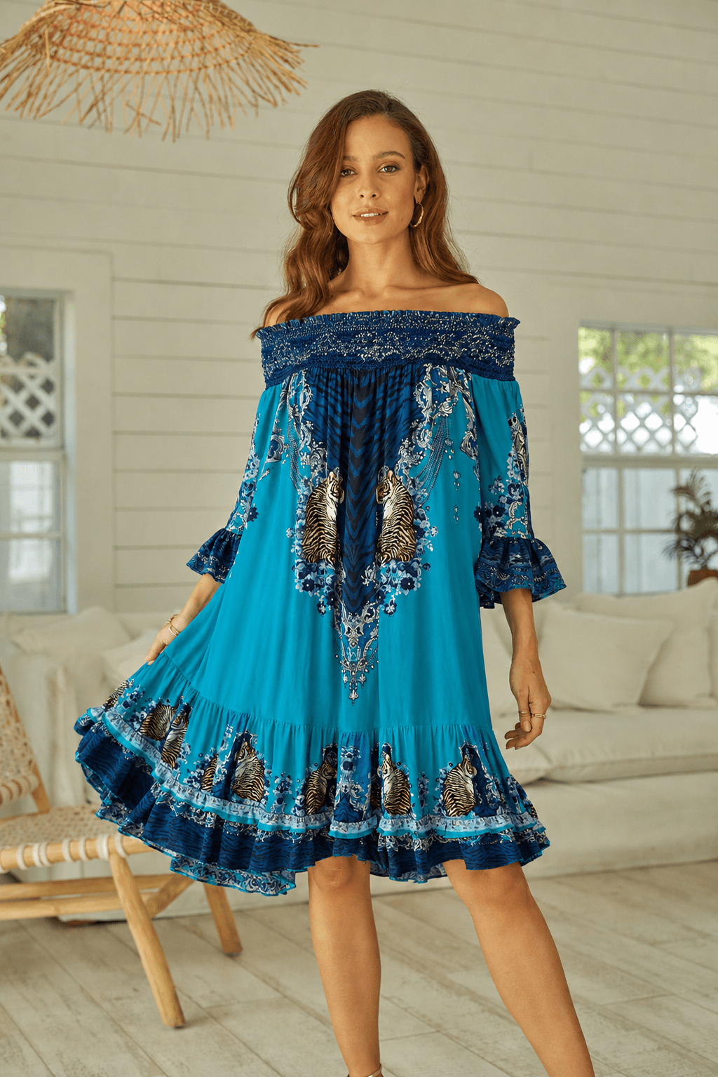BLUE TIGRESS OFF SHOULDER SHORT DRESS - Czarina