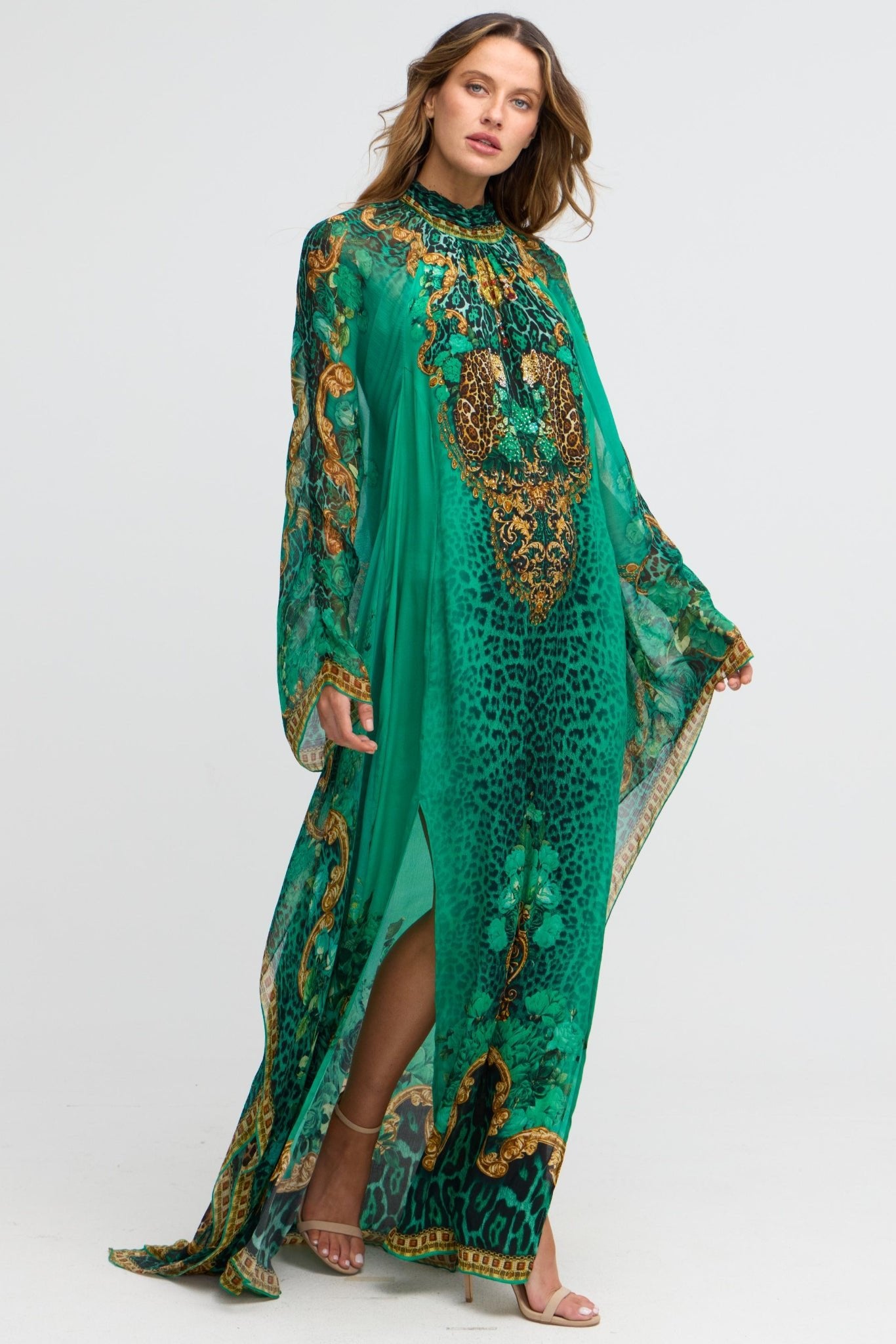 Emerald Leopardess High - neck Maxi Kaftan - Czarina