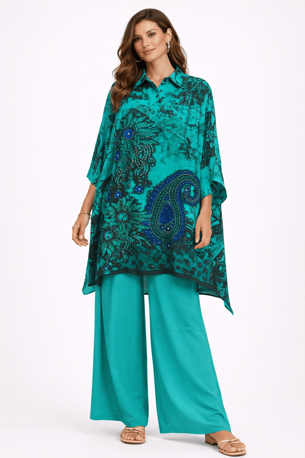 GREEN PAISLEY MIDI COLLAR KAFTAN SET - Czarina