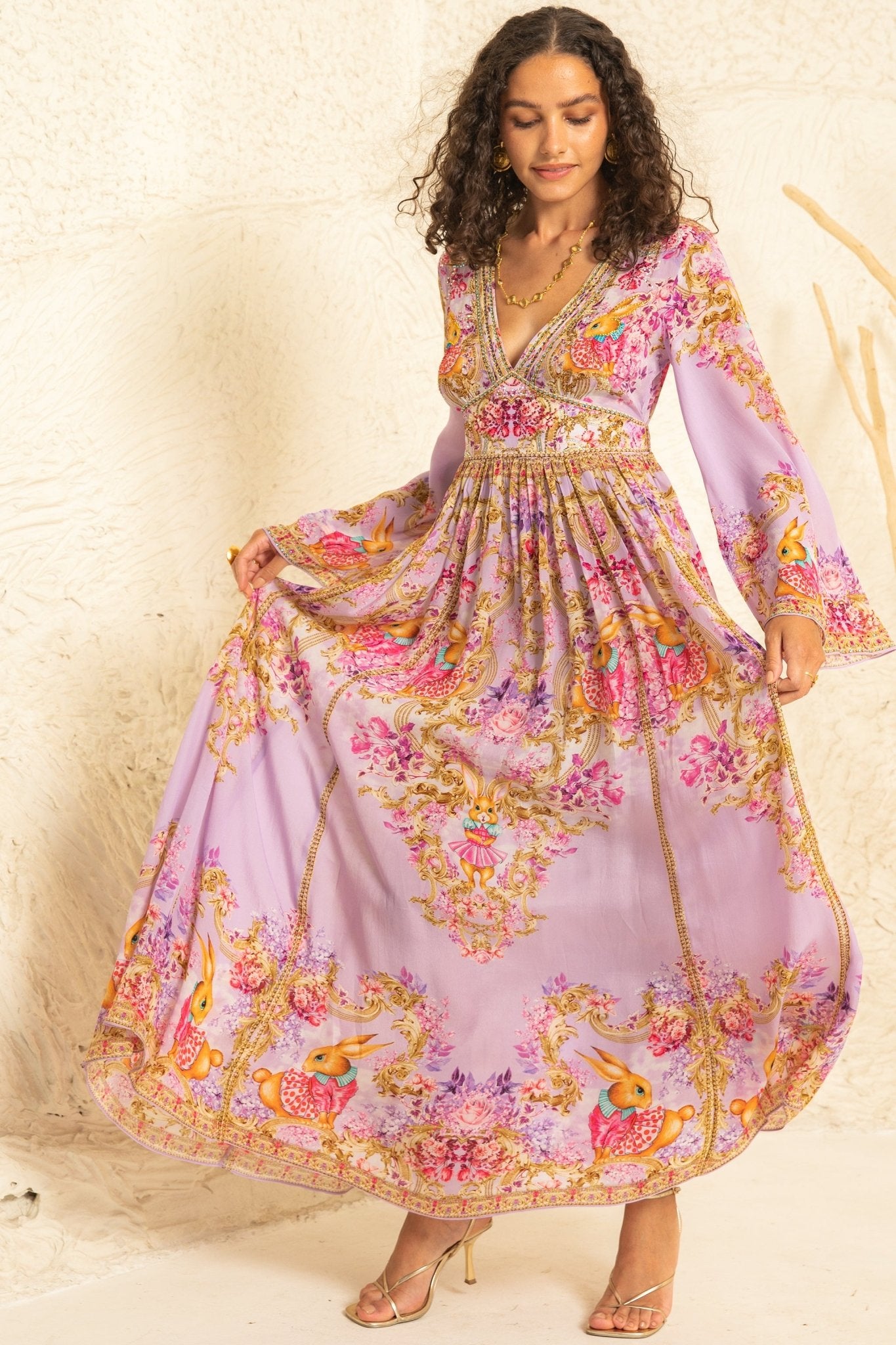 Lavender Hops Maxi Dress W Flared Sleevees - Czarina