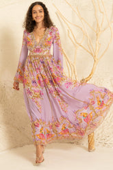 Lavender Hops Maxi Dress W Flared Sleevees - Czarina