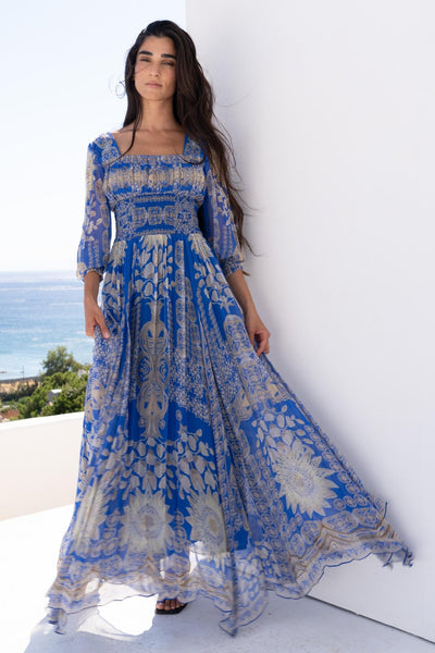 MEDITERRANEAN BLUES SHIRRED MAXI DRESS