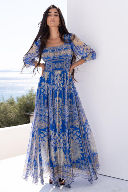 MEDITERRANEAN BLUES SHIRRED MAXI DRESS - Czarina