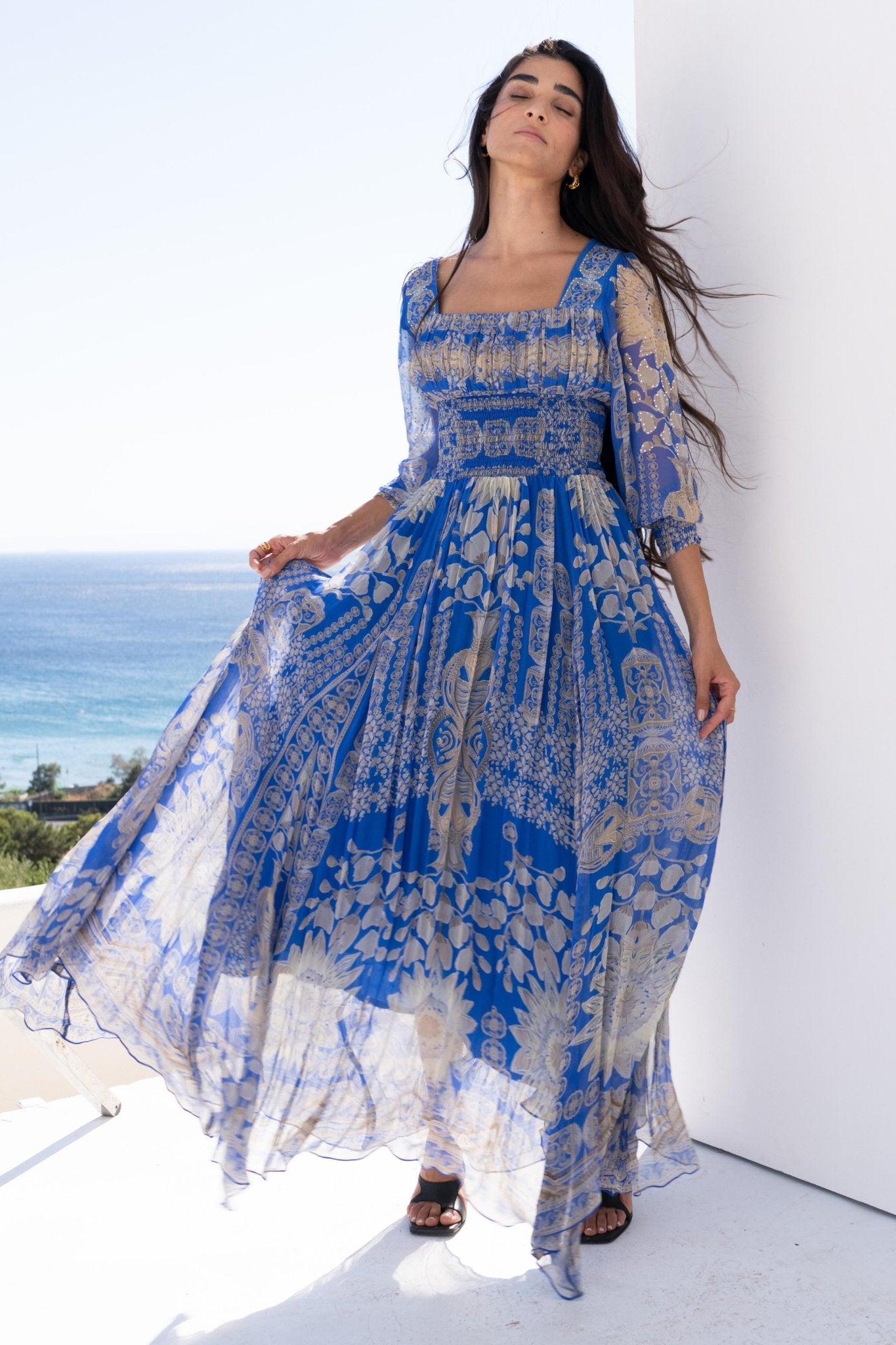 MEDITERRANEAN BLUES SHIRRED MAXI DRESS - Czarina
