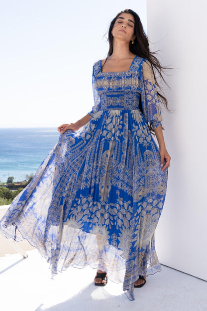 MEDITERRANEAN BLUES SHIRRED MAXI DRESS - Czarina