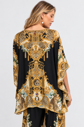 Back view of the Midnight Romance Butterfly Top showing the black-and-gold baroque print and relaxed drape