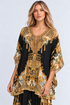 Front view of the Midnight Romance Butterfly Top with an embellished lace-up V-neckline and black-and-gold print