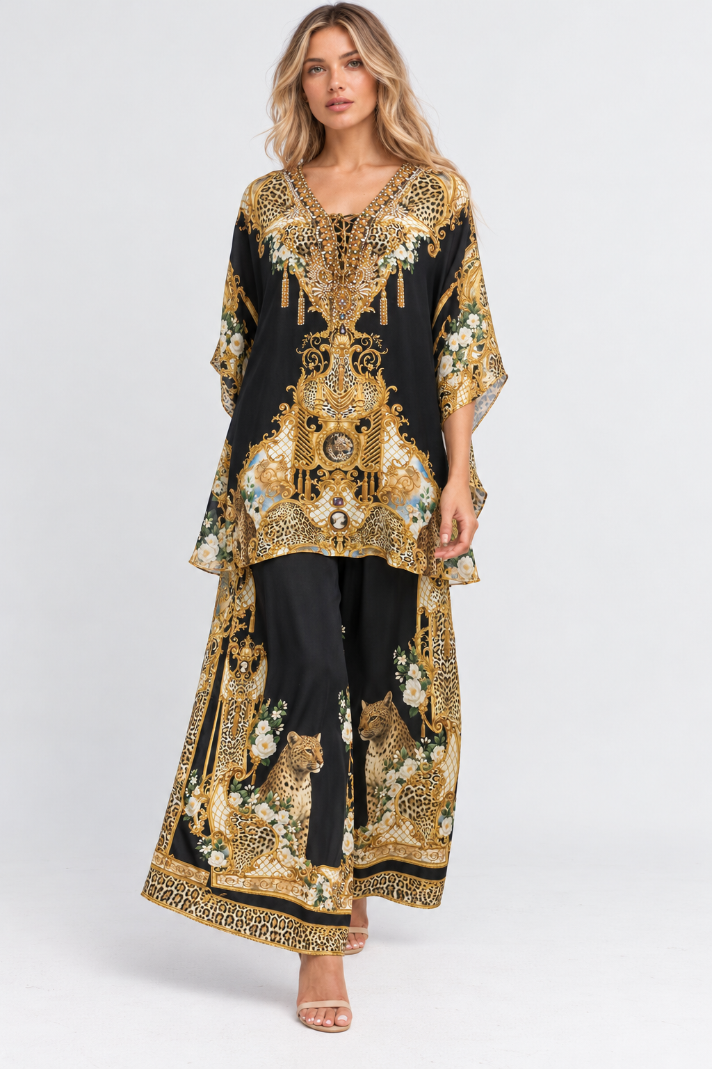 Full-length styling view of the Midnight Romance Butterfly Top worn with matching wide-leg trousers