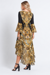 Back view of the Midnight Romance High-Low Dress with Sleeves, featuring gold baroque and leopard motifs