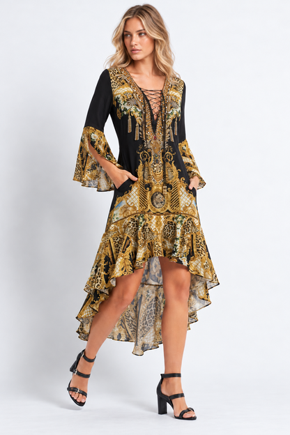 Three-quarter view of the Midnight Romance High-Low Dress with Sleeves, showing bell sleeves and the lace-up V-neckline