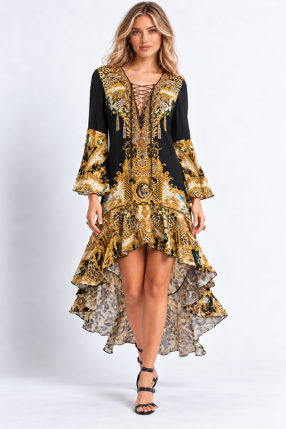 Walking view of the Midnight Romance High-Low Dress with Sleeves, showing the flowing ruffled hem