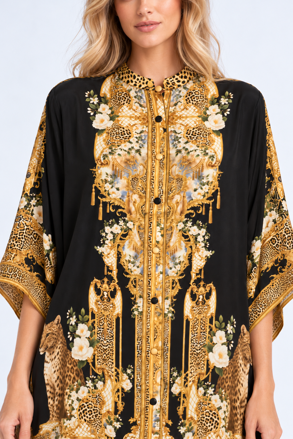 Midnight Romance Kaftan Top with Sleeves - collar, buttons and print detail