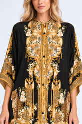 Midnight Romance Kaftan Top with Sleeves - collar, buttons and print detail