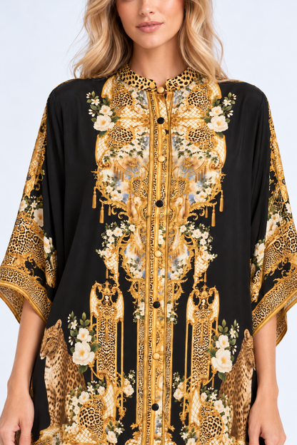 Midnight Romance Kaftan Top with Sleeves - collar, buttons and print detail