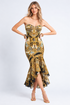 Midnight Romance strapless midi dress in gold and black leopard print with a flowing frill hem, front view
