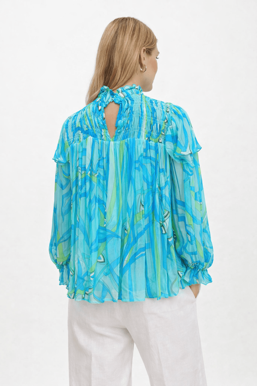 OCEANIC BLUES HI NECK SMOCKING TOP - Czarina