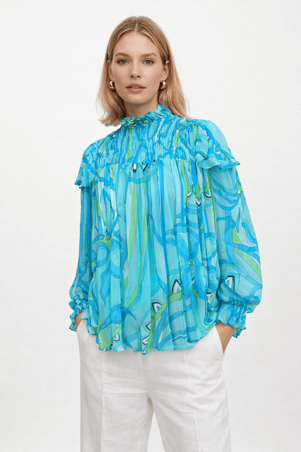 OCEANIC BLUES HI NECK SMOCKING TOP - Czarina
