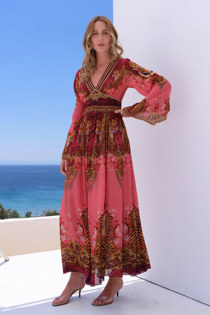 PINK TIGRESS MAXI DRESS W FLARE SLEEVES - Czarina