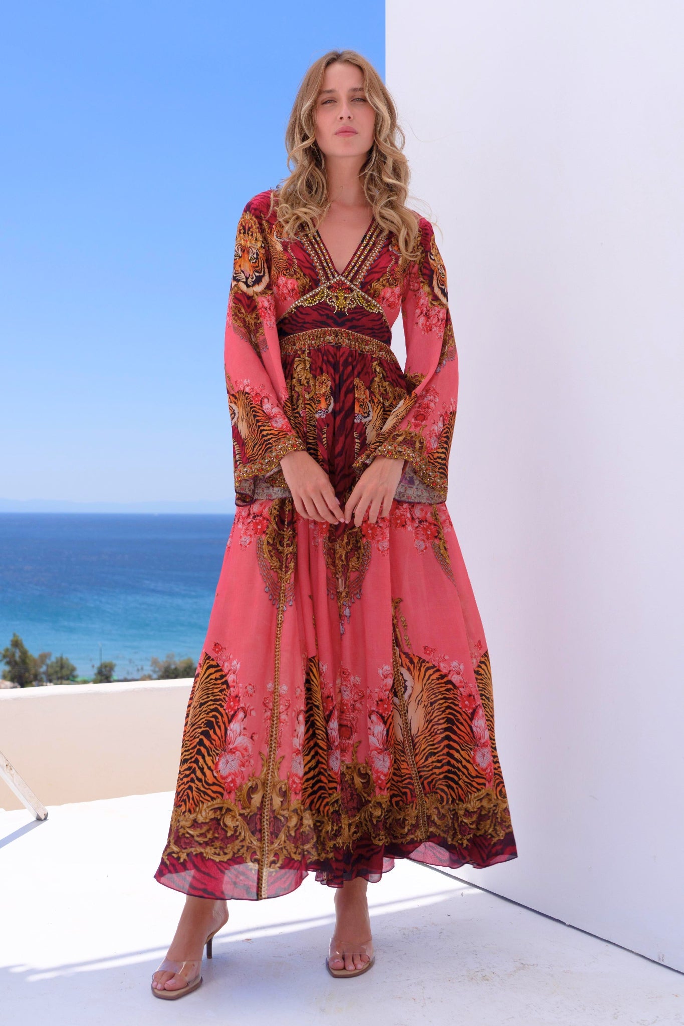 PINK TIGRESS MAXI DRESS W FLARE SLEEVES - Czarina