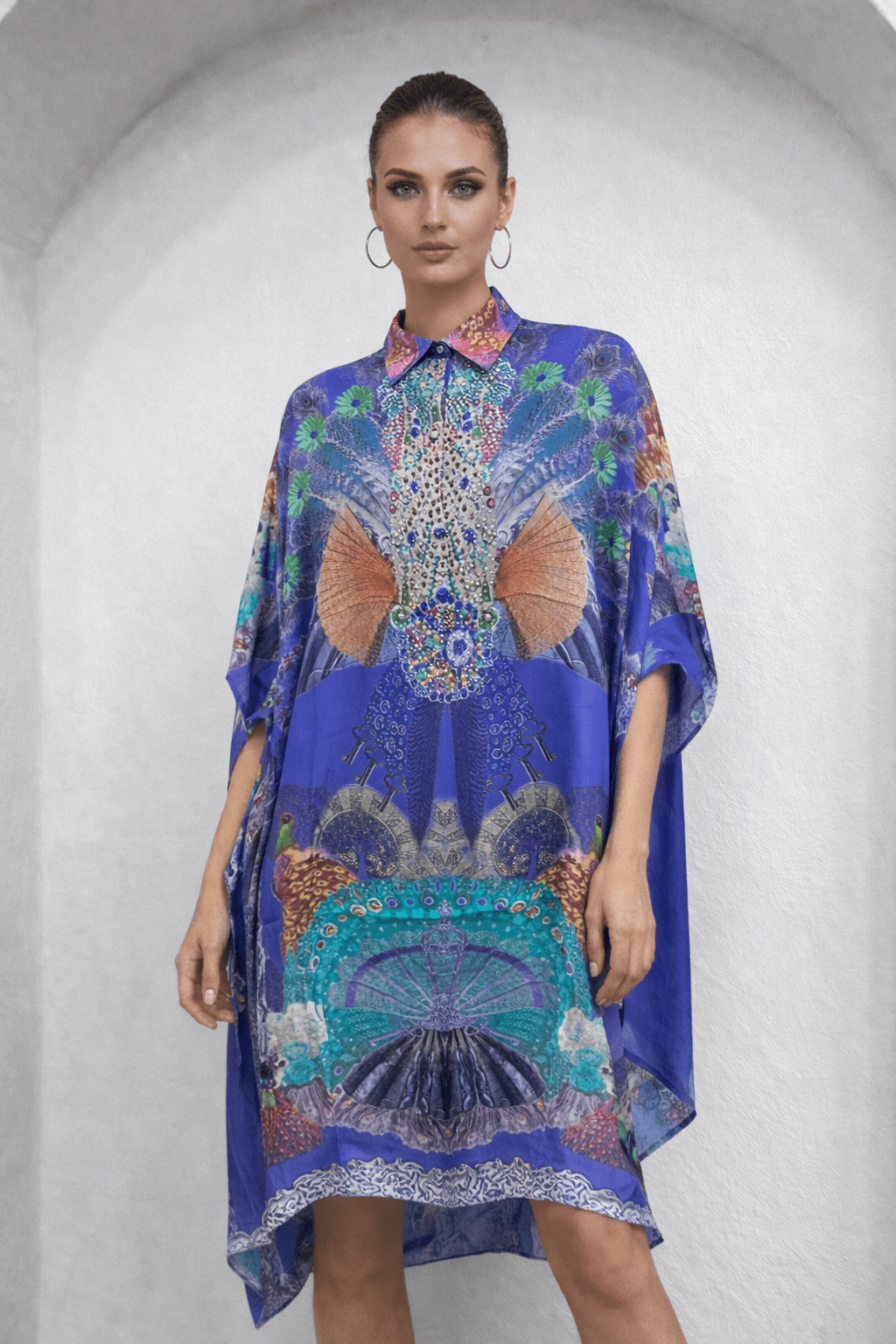 PURPLE PEACOCK MIDI COLLAR KAFTAN - Czarina