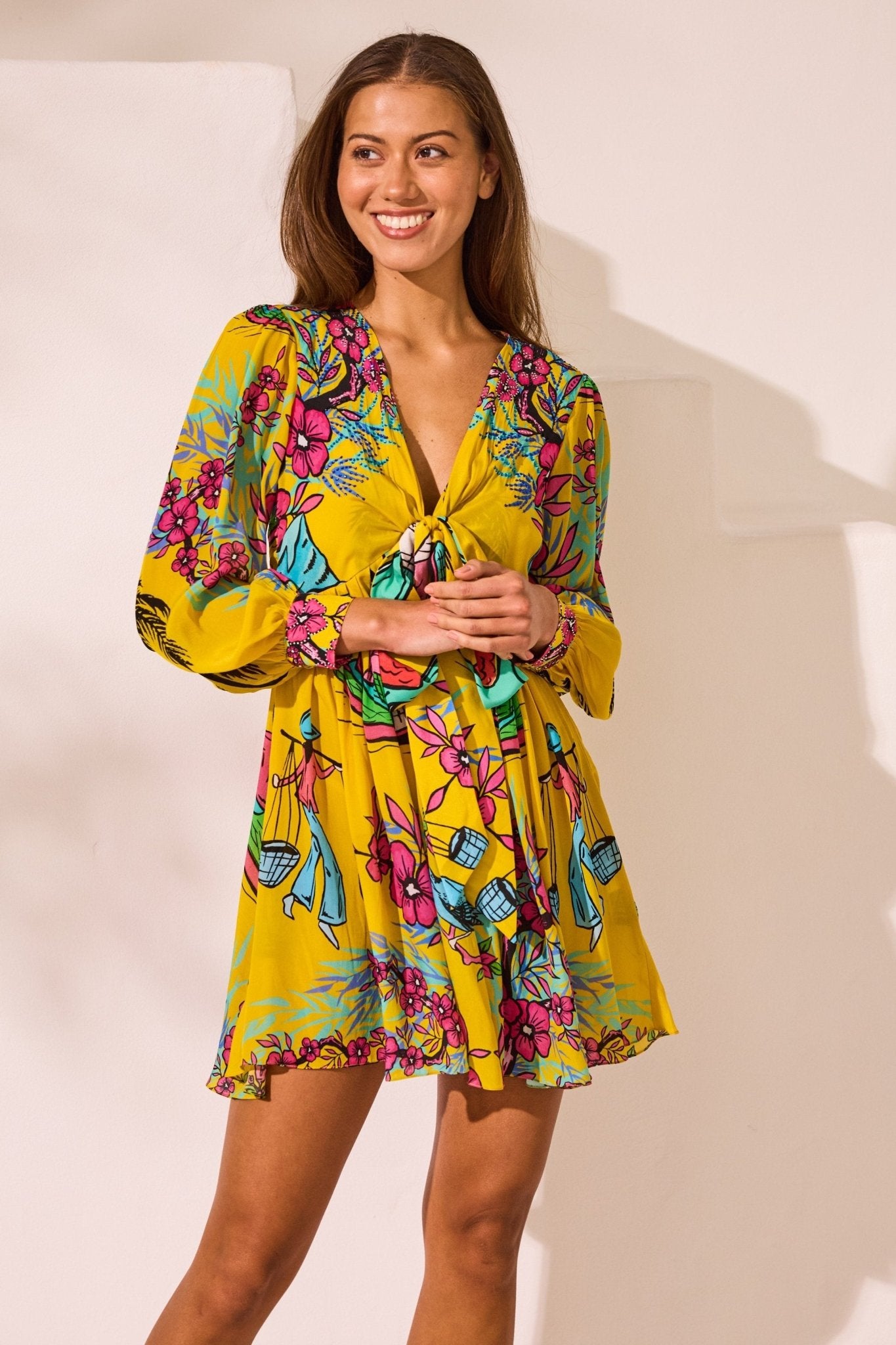 Saigon Sunsets Short Dress w Front Tie Up - Czarina