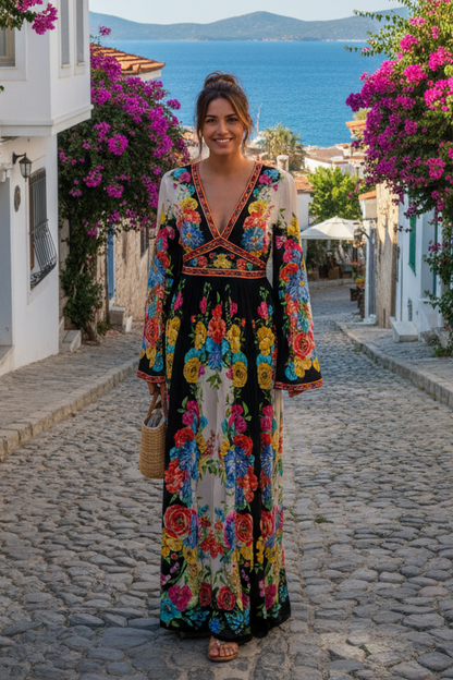 SPANISH FLOWER MAXI DRESS W FLARE SLEEVES - Czarina