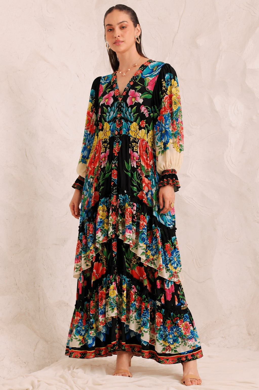 SPANISH FLOWER VN BUTTON DOWN DRESS - Czarina