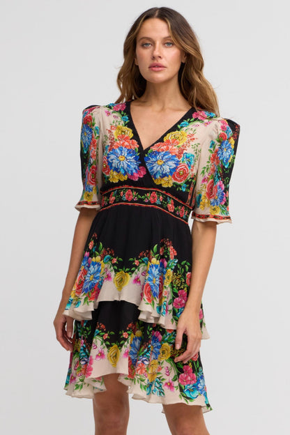 Spanish Flowers Cross Over Mini Dress - Czarina