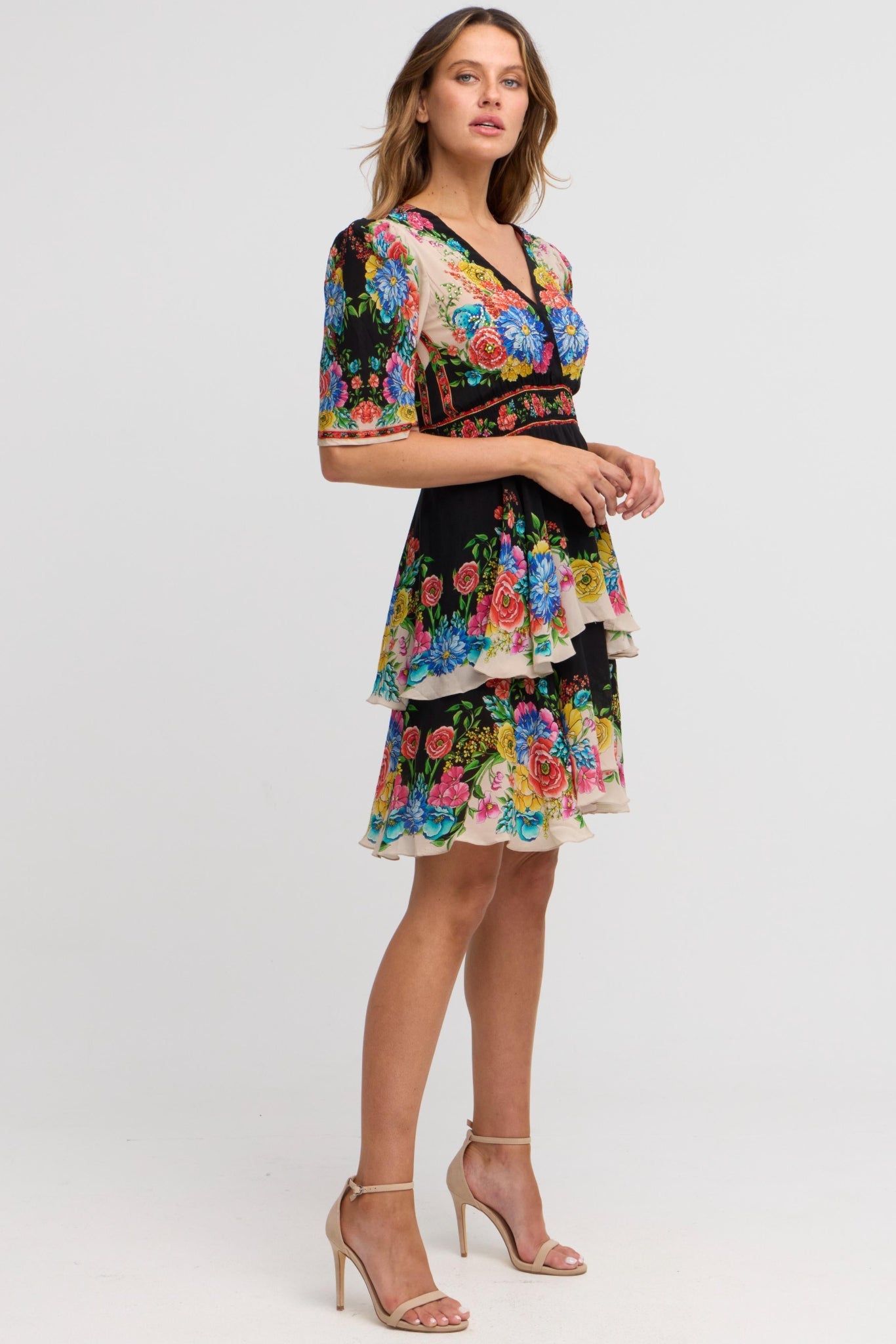 Spanish Flowers Cross Over Mini Dress - Czarina