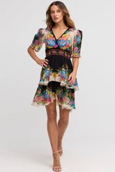 Spanish Flowers Cross Over Mini Dress - Czarina