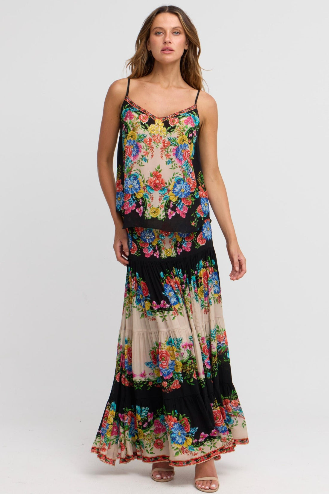 Spanish Flowers Maxi Skirt w Side Slit - Czarina