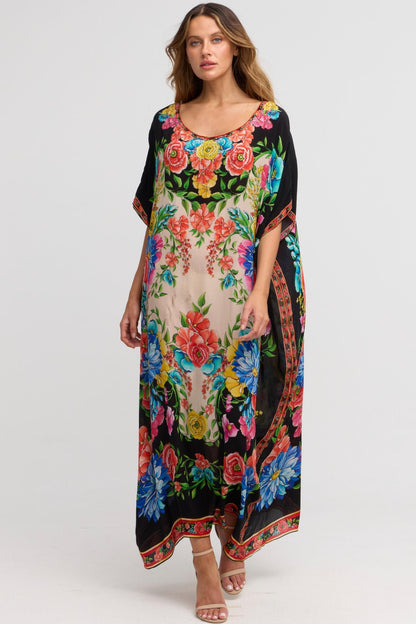 Spanish Flowers Round - neck Long Kaftan - Czarina