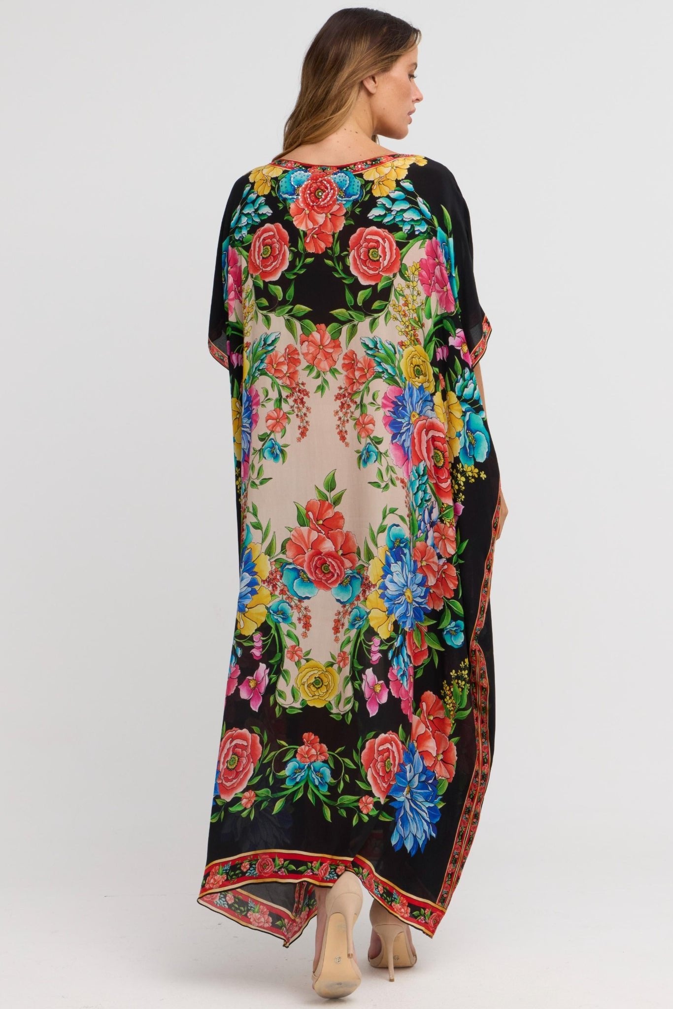 Spanish Flowers Round - neck Long Kaftan - Czarina