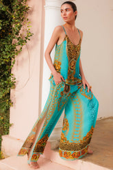 AQUA LEOPARDESS PALAZZO PANTS W SIDE SLIT - Czarina