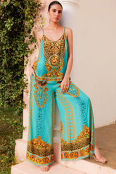 AQUA LEOPARDESS PALAZZO PANTS W SIDE SLIT - Czarina