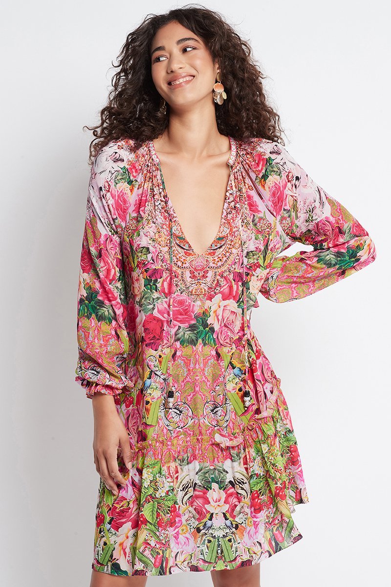 Every Flower Blossoms Short Dress W Faux Bell Sleeve - Czarina